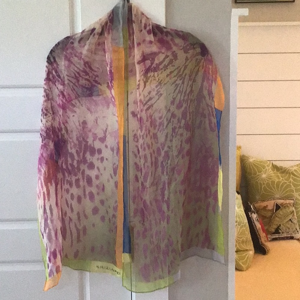 Krizia Poi 100% silk multi-color scarf  60”x15” shawl Vintage?